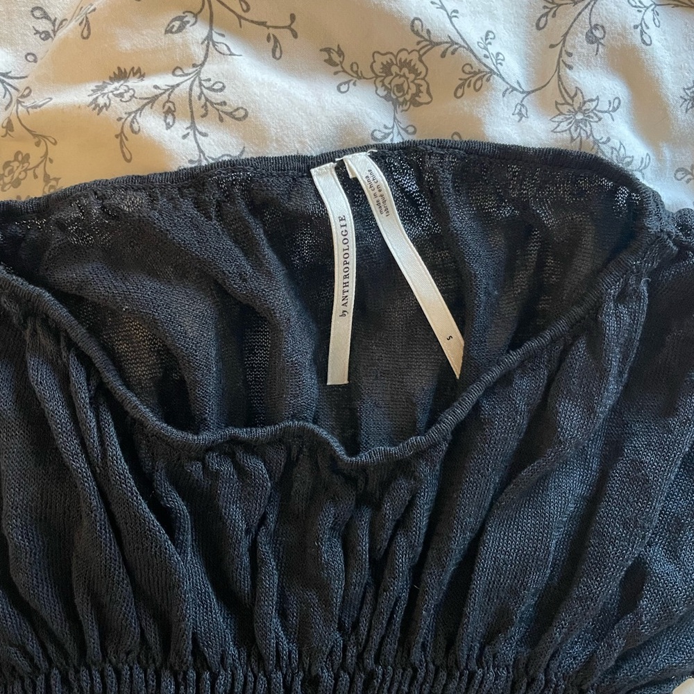 Anthropologie Black Short-Sleeve Smocked Peplum Top - Picture 3 of 4